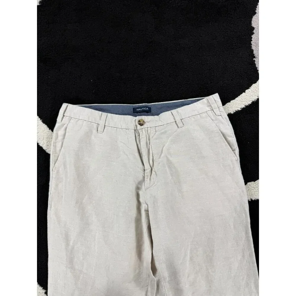 Nautica Pants Mens 36x32 Cream Linen Blend Casual Beach Cotton Trousers